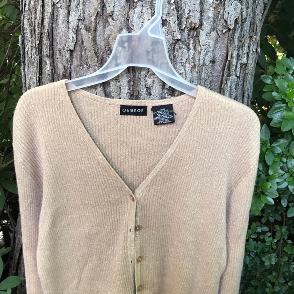 George Tan Gold Metallic V-Neck Button Up Ribbed Cardigan Sweater Women M (8/10)